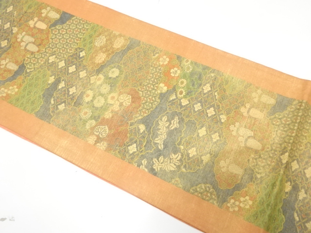 JAPANESE KIMONO / ANTIQUE FUKURO OBI / SILK / WOVEN CLOUDS & FLOWERS & CLASSICAL PATTERN